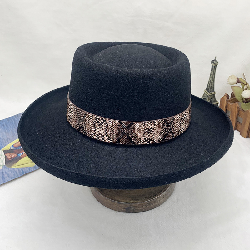 chapeau haut de forme à large nœud en feutre de laine simple vintage Chapeau de jazz noir_voghion.com