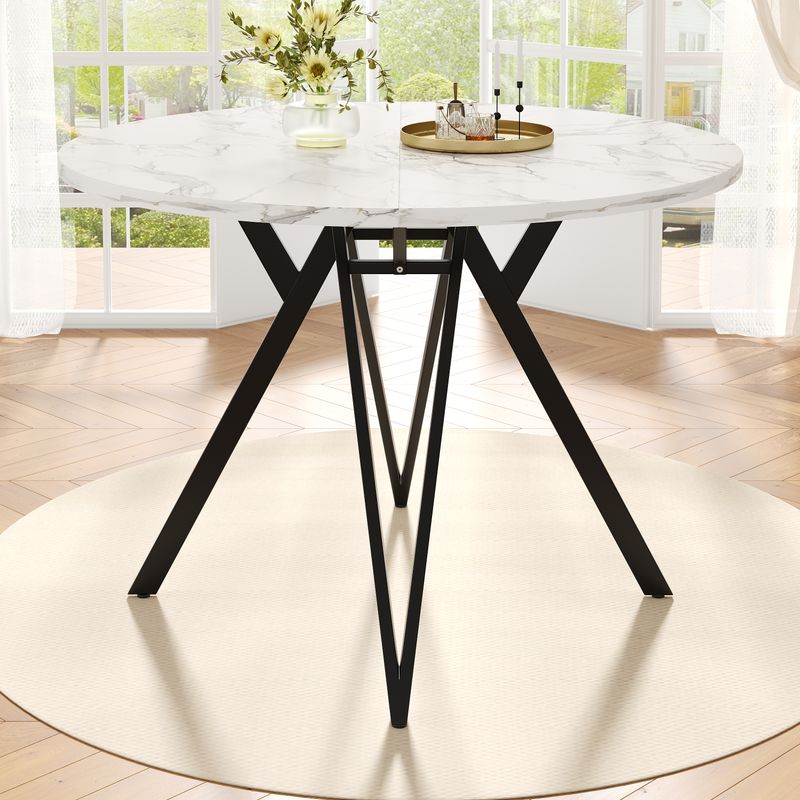 5-teiliges Esstisch-Set Mit Runder Tischplatte (Ø100 Cm), Schwarze Metallbeine, MDF-Marmoroptik, Graue Leinenstühle_voghion.com
