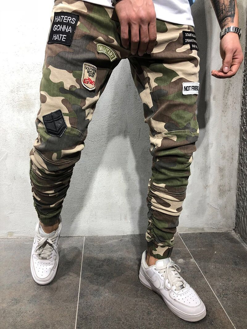 Men's Jeans Emblem Stretch Slim Fit Tight Elastic Hem Camouflage Feet Pants NK74_voghion.com