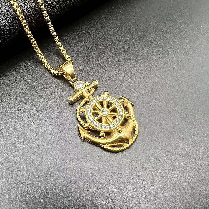 Hip hop jewelry titanium steel vacuum gold plated rhinestone anchor pendant necklace_voghion.com
