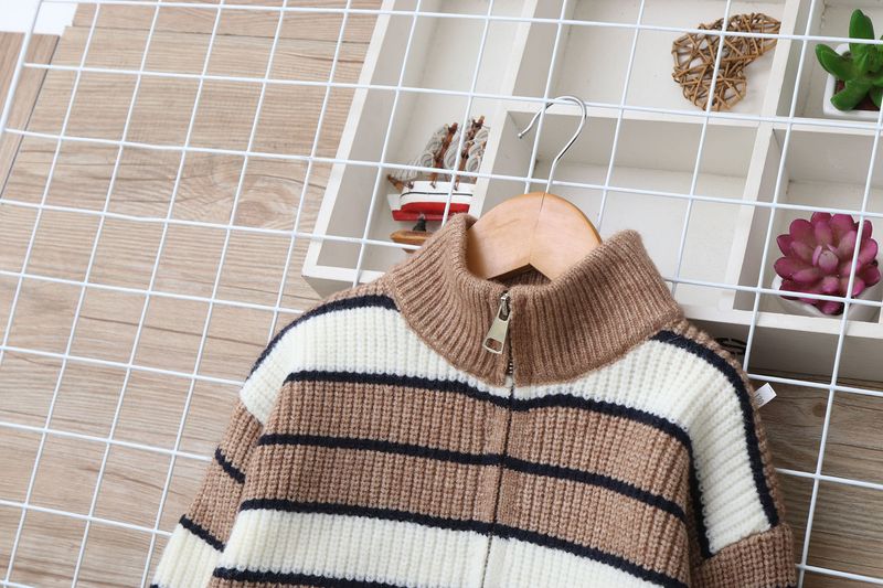Strickjacke aus Lammwolle für Mutter und Kind, weicher, warmer Strickpullover für große Kinder (ab 8 Jahren), gestreiftes Design, lange Ärmel, Stehkragen (Grau/Marineblau)_voghion.com