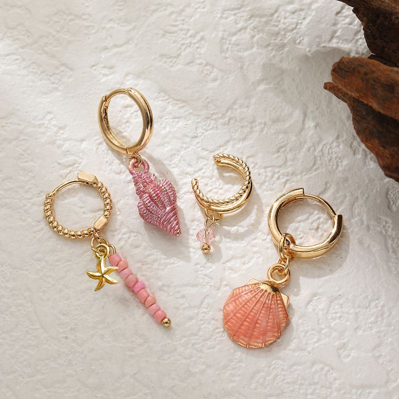 Bunte Muschel-Ohrmanschette mit Perlen, Ozean-Boho-Stil, vierteiliges Set_voghion.com