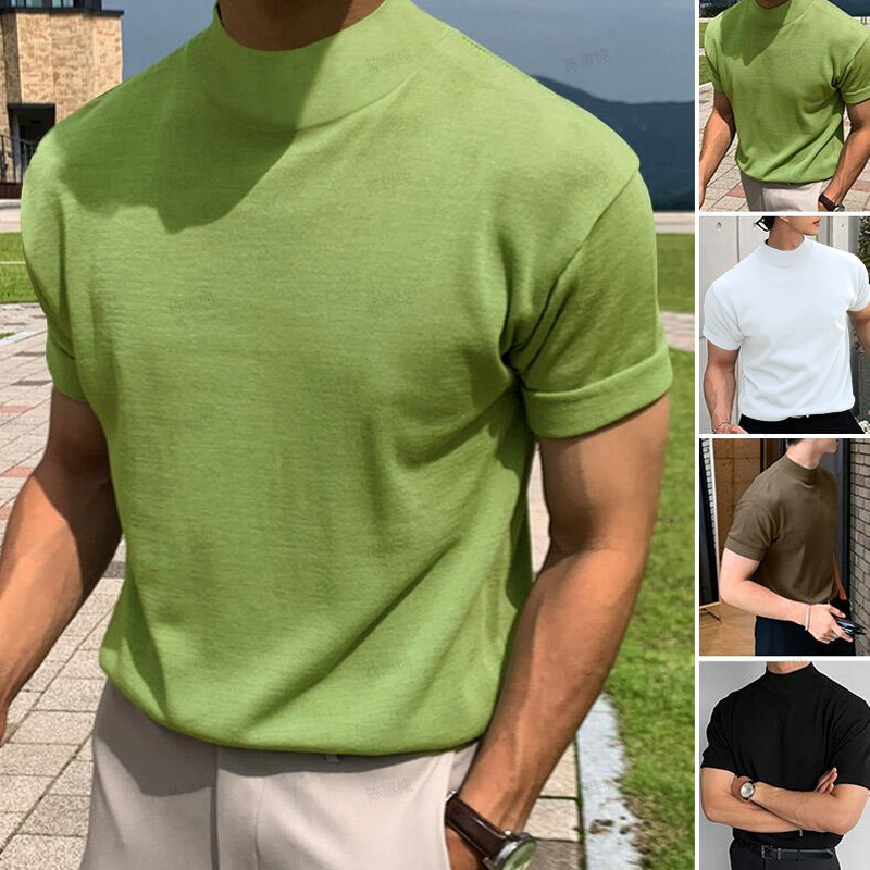 Maglietta a maniche corte con collo alto, tinta unita, da uomo, versione coreana, estate 2025_voghion.com