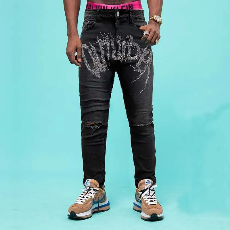 Vīriešu melnas, jaunas, caurumotas, zīmuļbikses, elastīgas, saplēstas, tievas, baikeru stila, karstas urbšanas, augstas kvalitātes, ielu panka stila, mazgātas_voghion.com