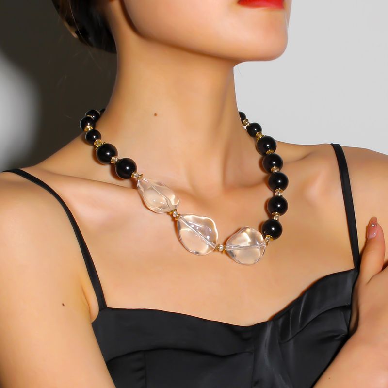 Sieraden overdreven transparante kristal kralen ketting zwarte parel sleutelbeen ketting NK23780_voghion.com