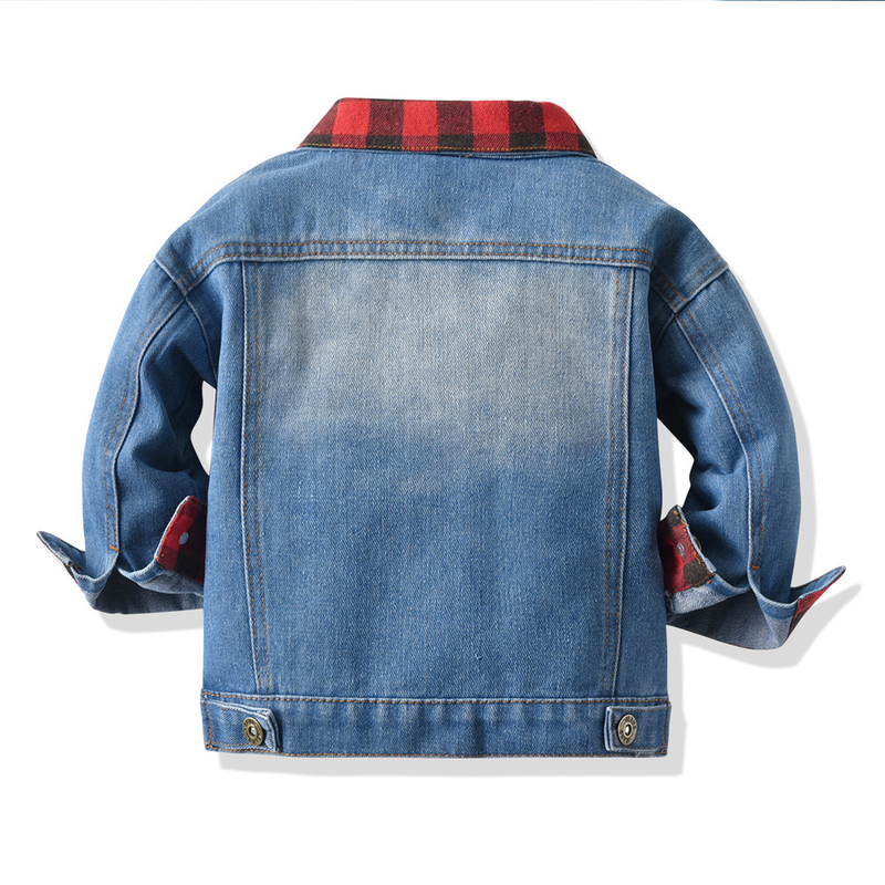 abbigliamento per bambini Giacca in denim per bambini manica lunga camicia in denim finto a due pezzi con quadri rossi neri_voghion.com