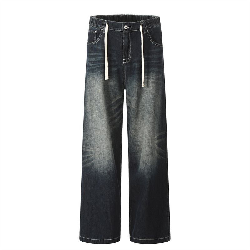 Drawstring Elastic Waist Jeans Washed White Straight Men's Street Style Loose Color Block Wide Leg Long Pants_voghion.com