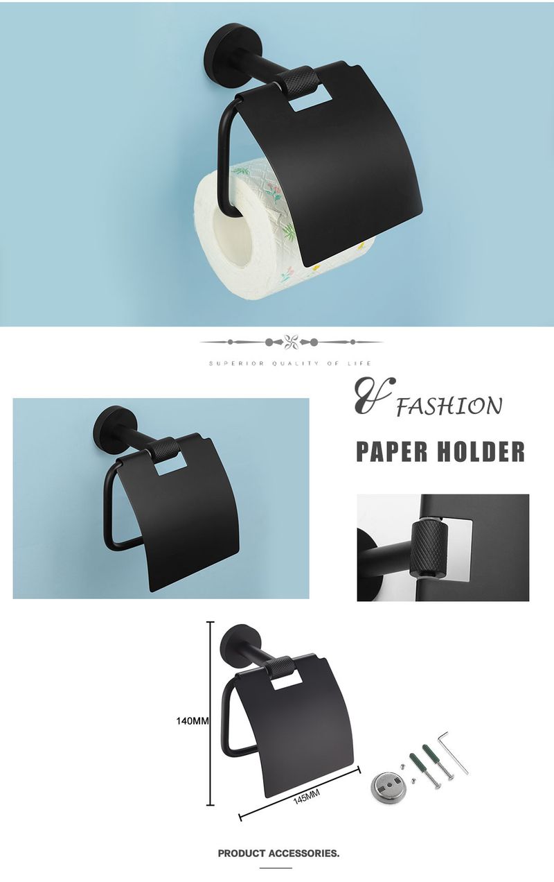 Porte-serviettes transversal noir muet, porte-mouchoirs, crochet à vêtements, brosse de toilette, pot de savon, anneau porte-serviettes, pendentif de salle de bain moleté en acier inoxydable_voghion.com