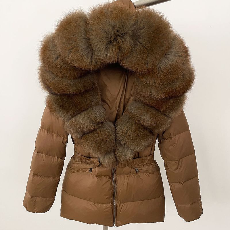 Nuovo stile caldo del commercio estero, giacca corta da donna con collo in vera pelliccia di volpe, giacca in piumino con vita sottile e spessa_voghion.com
