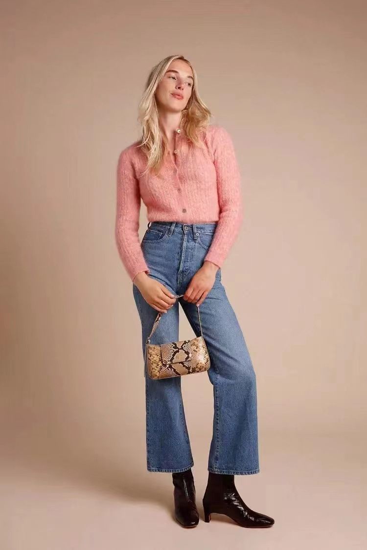 Offerta speciale - Cardigan in mohair francese Rou autunno inverno con bottoni a conchiglia e filato floreale in lana, vestibilità slim_voghion.com