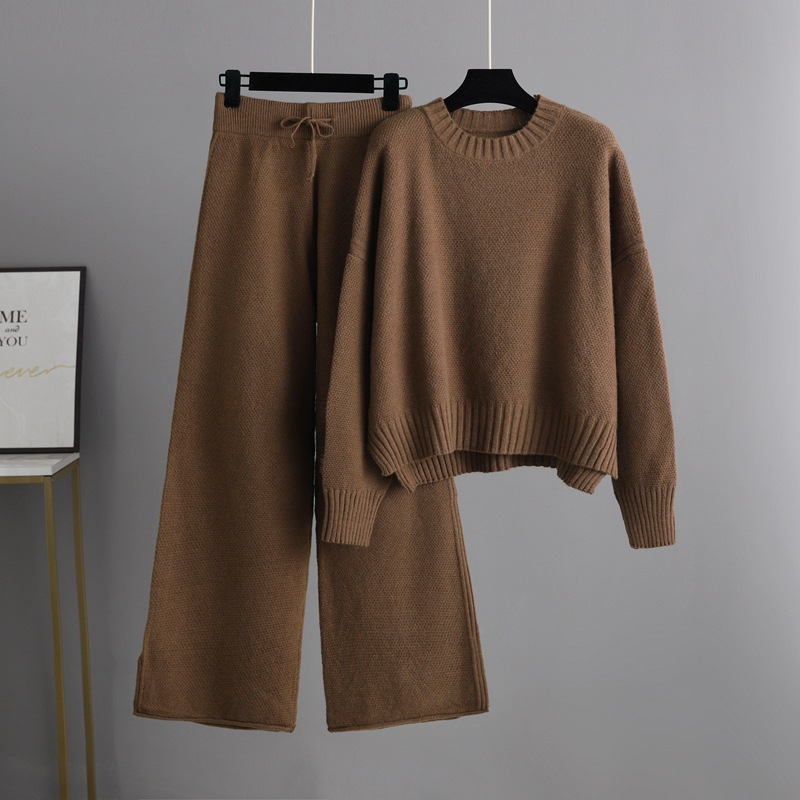 Dammekleeder Hierscht a Wanter nei Moud Casual Strickkostüm Hosen Dammenversioun locker Pullover Breetbeen Hosen Hosen Zwee-Stéck Set_voghion.com