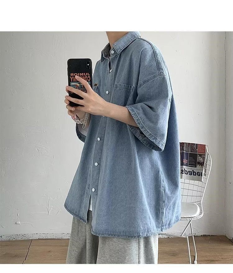 Letnia krótka koszula dżinsowa dla mężczyzn, stylowa, modny niszowy design, luźna, swobodna kurtka z krótkim rękawem_voghion.com