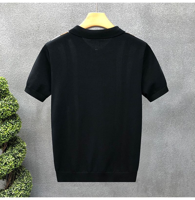 Herrenbekleidung Freizeit Ice Silk Slim Herren Vertikal Gestreiftes Revers Gestricktes Kurzarm T-Shirt Business_voghion.com