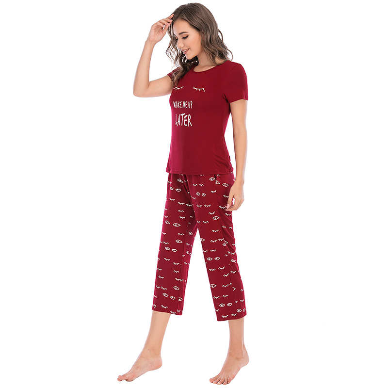 Vêtements pour femmes Pyjama imprimé pour femmes Pantalon court à manches courtes Imprimé dessin animé Col rond Costume deux pièces Vêtements pour la maison_voghion.com