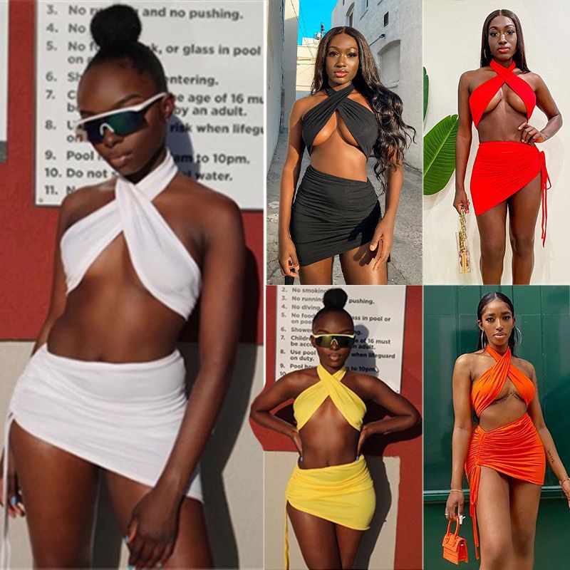 Women's Clothing 2025 Spring Summer New Solid Color Halter Cross V-neck Sleeveless Crop Top Backless Ruched Short Skirt_voghion.com