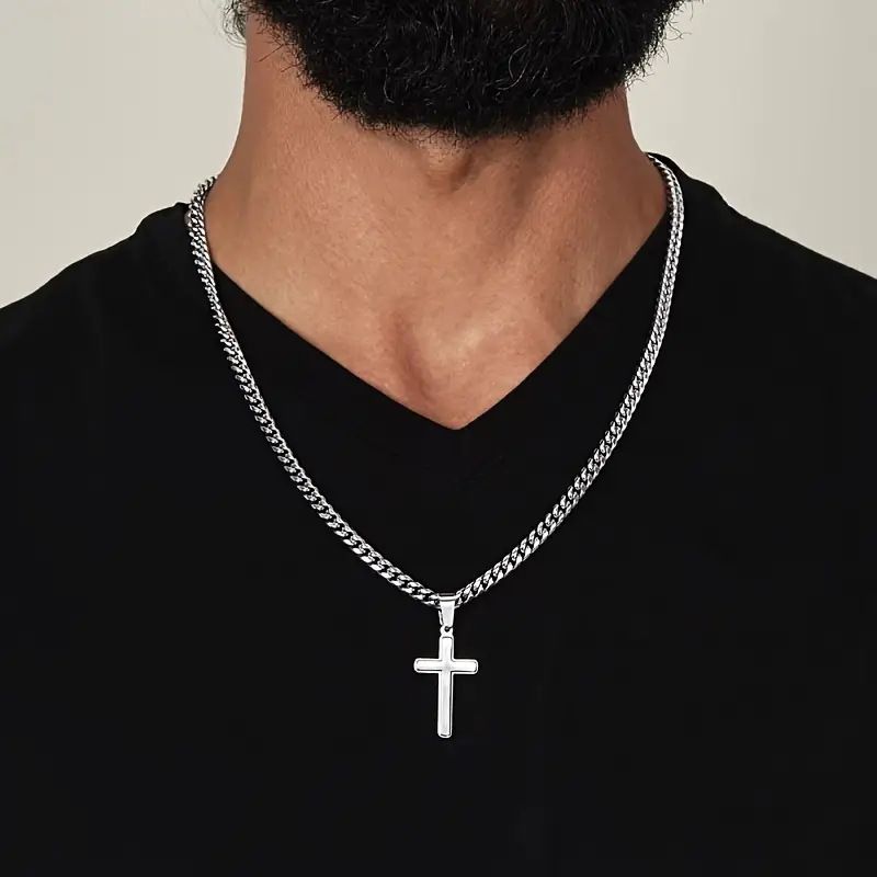 1 Piece To My Grandson Glossy Cross Pendant Cuban Chain With Card Men's Necklace_voghion.com