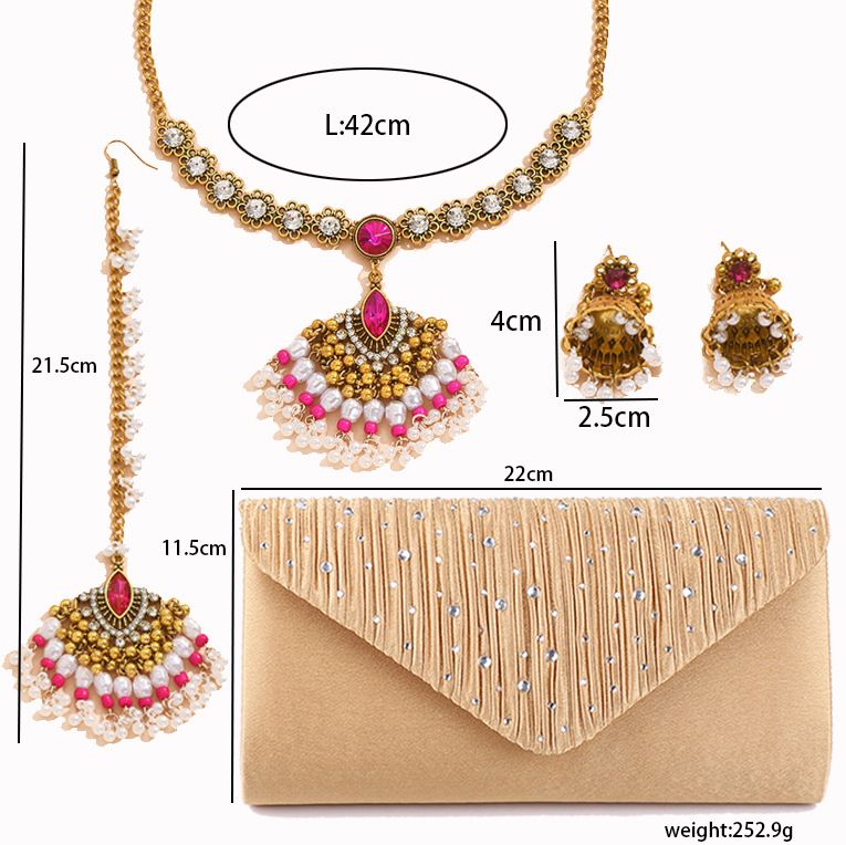 Women's Jewelry Set - Floral Beaded Headband, Vintage Necklace & Bell Earrings In Rose Gold & Green, Bohemian Style Accessories For Women_voghion.com