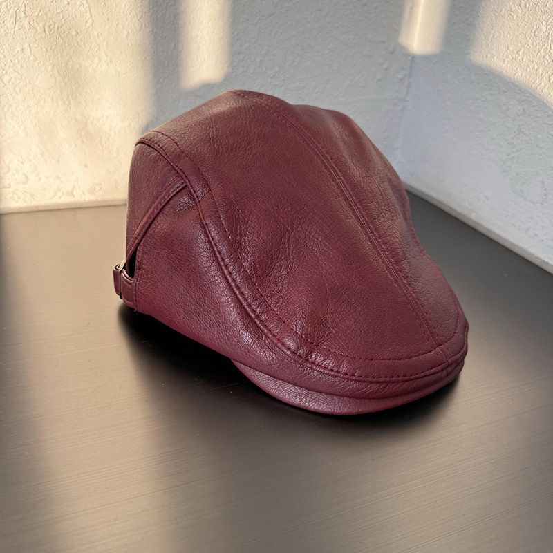 Cappelli da donna retrò in pelle PU, tinta unita, cappello a punta per autunno e inverno, berretto a rete con personalità di celebrità, cappello a becco d'anatra invertito per uomo_voghion.com