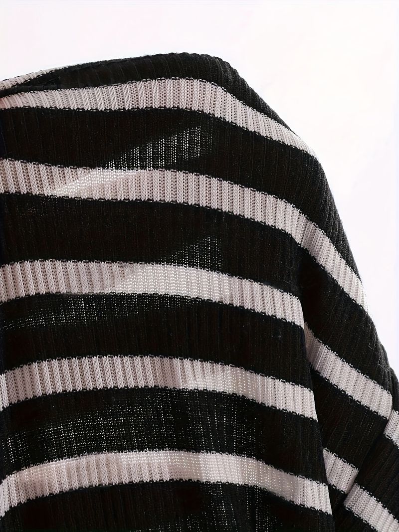T-shirt da donna a righe bianche e nere con scollo rotondo - Top basic casual dalla vestibilità ampia per l'uso quotidiano_voghion.com