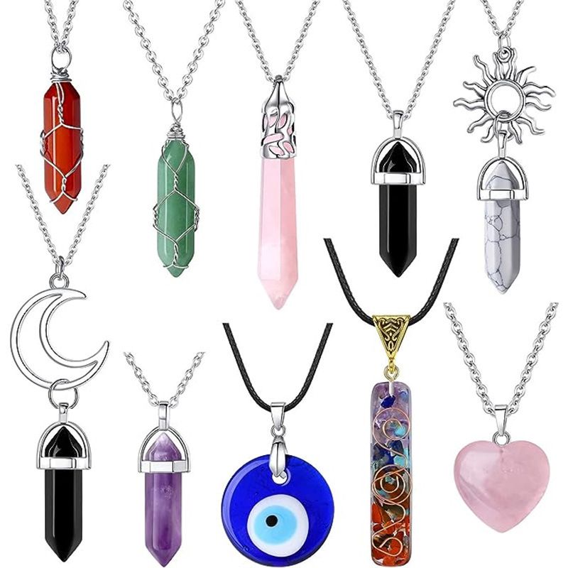 Collana con ciondolo geometrico in cristallo - Gioielli in pietra avvolti in filo esagonale fatti a mano (taglio a proiettile, catena da 18 pollici, confezione regalo)_voghion.com