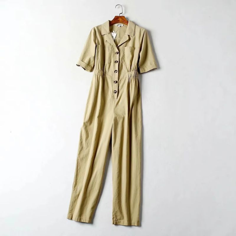 Mono de lino liso de manga corta para mujer, apto para todas las estaciones, verano 2024, color verde militar y caqui, talla 2524_voghion.com