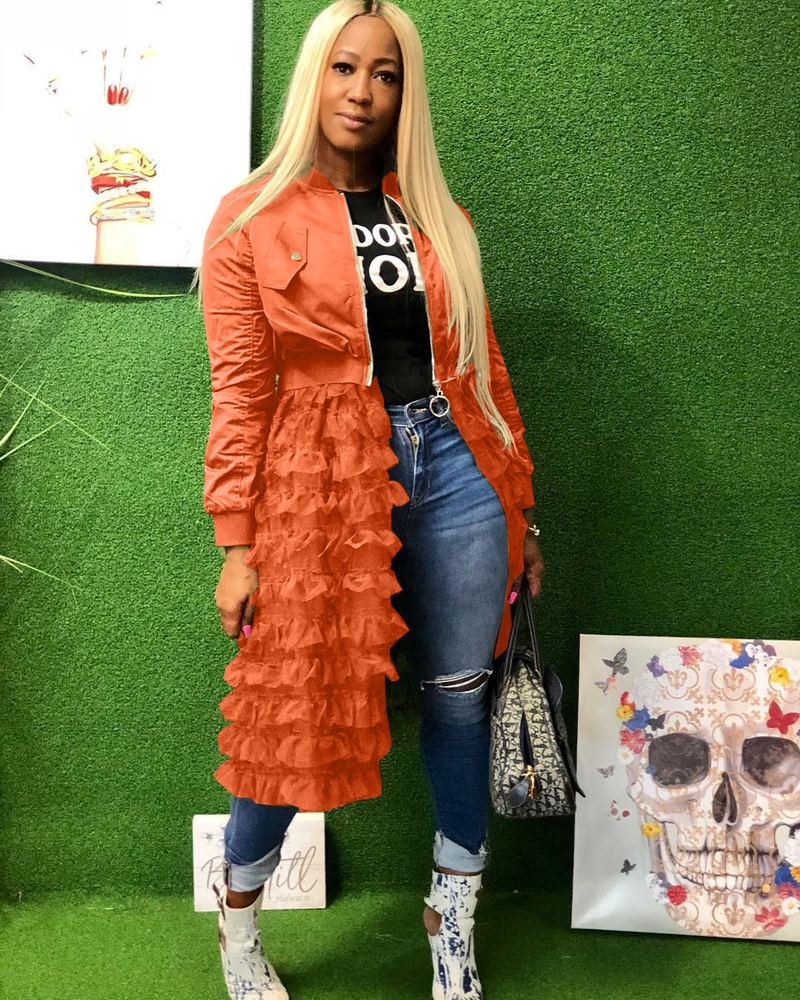 Women's fashion zipper solid color jacket + mesh lace skirt coat_voghion.com