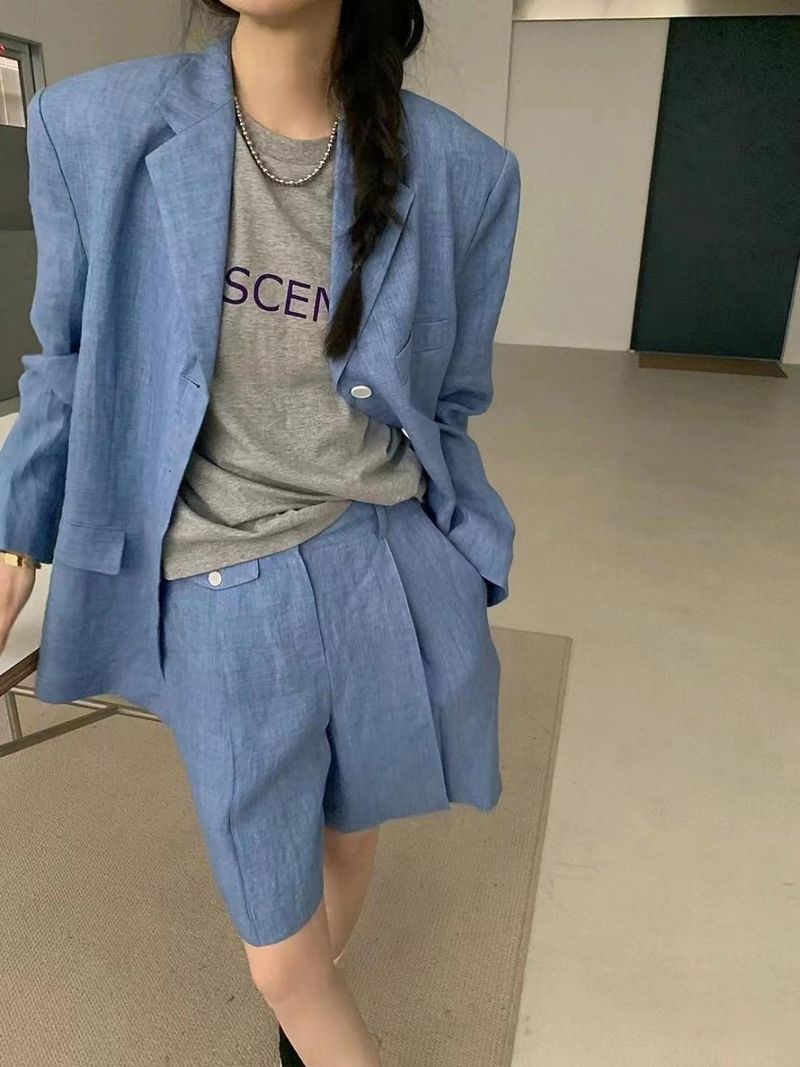 Damenbekleidung Langarmanzugjacke Schrägtaschen-Design Lässiges Shorts-Set_voghion.com