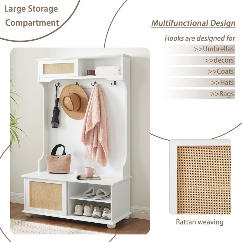 Clothes Hanger Hall Tree Storage Bench Shoe Rack For Entryway, Hall Tree With Bench And Shoe Storage, Hall Tree Entryway Bench With Rattan Door White, 40.16"W*18.58"D*64.17"H_voghion.com