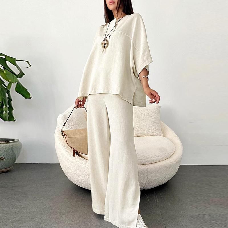 Abbigliamento da donna, top e pantaloni vintage in cotone e lino, set da 2 pezzi, pantaloni casual larghi con elastico in vita, pantaloni della tuta_voghion.com