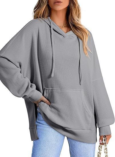 2025 Autumn Winter Women's Hoodie Waffle Knit Side Split Pullover Sweatshirt With Pocket Long Sleeve_voghion.com