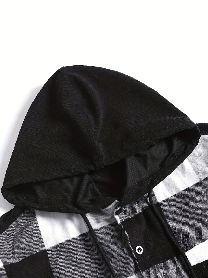 Men's Long Sleeve Casual Shirt With Hood & Pocket, Plaid Pattern, Thickened Cotton Blend, Relaxed Fit For Winter & Spring_voghion.com