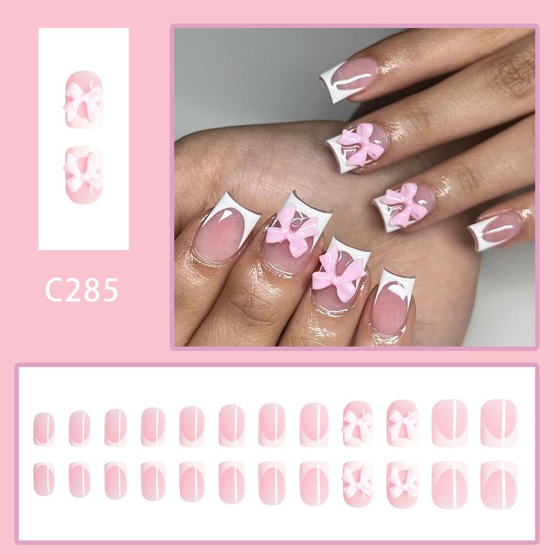 Kunstnagels Kort Glanzend Roze Strik Schattig Zoet Draag Nagel Simpel Ins All-match Manicure 24 Stuks_voghion.com