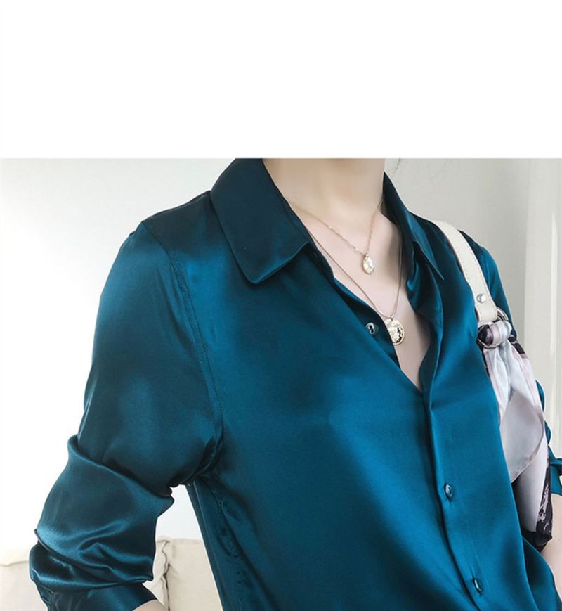 Dametøj moderigtigt og slankt forår og efterår nyt revers kontrastfarve chiffon skjorte top cardigan skjorte bund skjorte_voghion.com