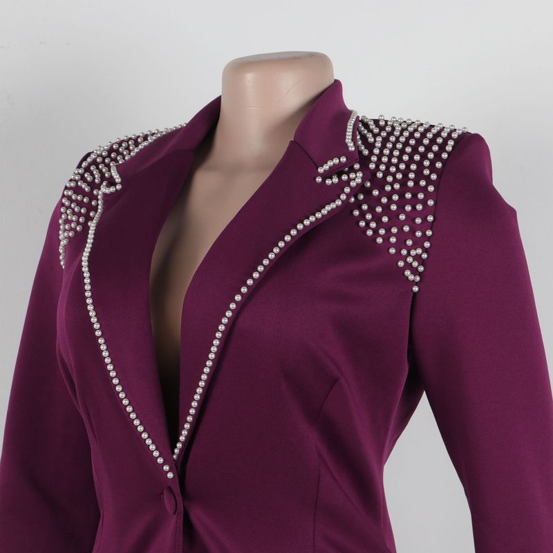 Traje de dos piezas ajustado de manga larga con perlas para mujer_voghion.com