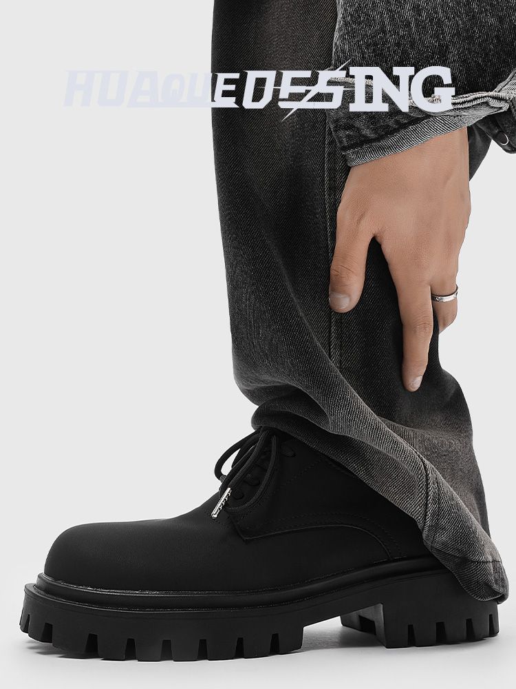 Derby Men's Thick Bottom 5cm Lace-up Round Matte Frosted Small Leather Cleanfit Increased By Big Head Shoes_voghion.com