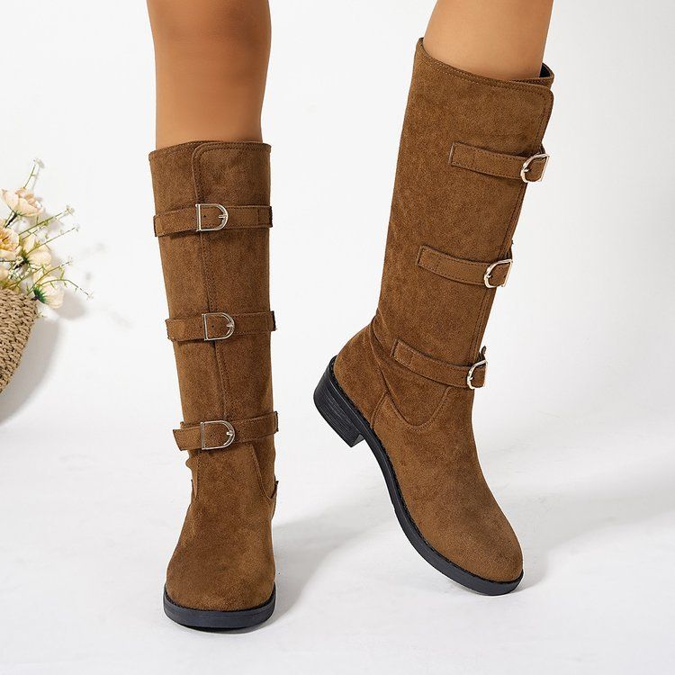 Bottes hautes à talon épais pour femme, mollet large, avec boucle et effet froissé - Daim souple et cuir véritable - Bottes à bout rond et talon mi-haut_voghion.com