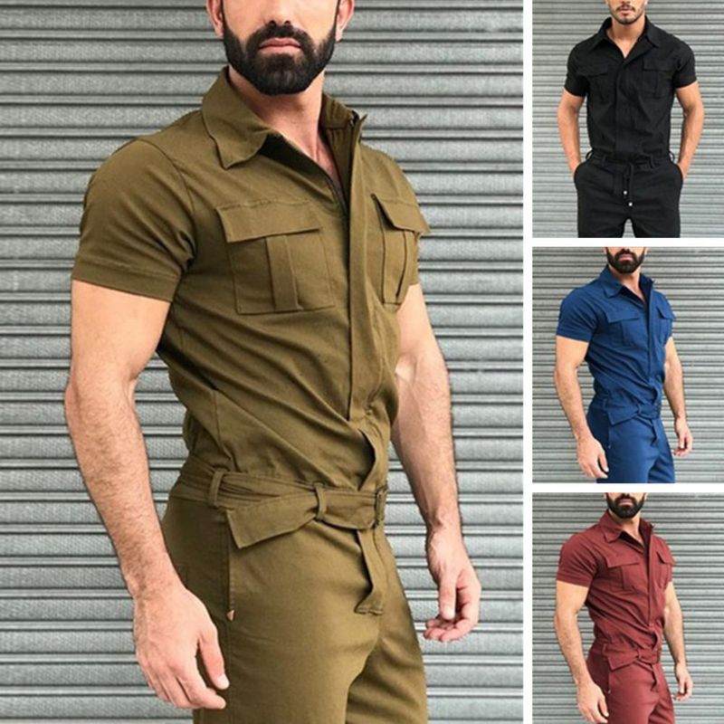 Yumuşak Nefes Alabilir İş Tulumu Kısa Kollu Yaz Erkek Sokak Giyim Tulum Çalışma_voghion.com