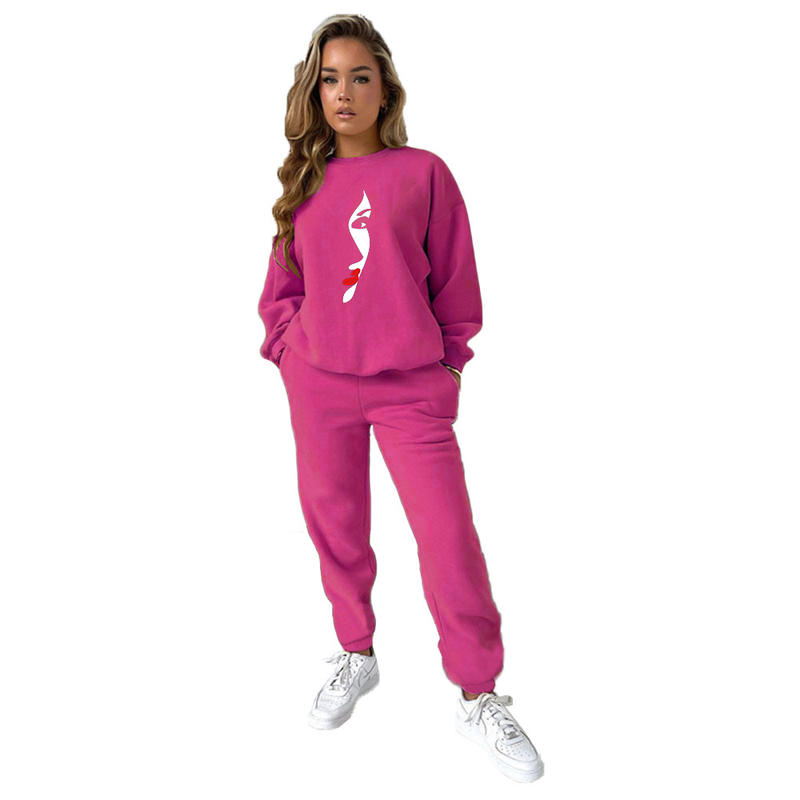 Zweiteiliges Damen-Set mit bedrucktem Kapuzenpullover und Rundhalsausschnitt_voghion.com