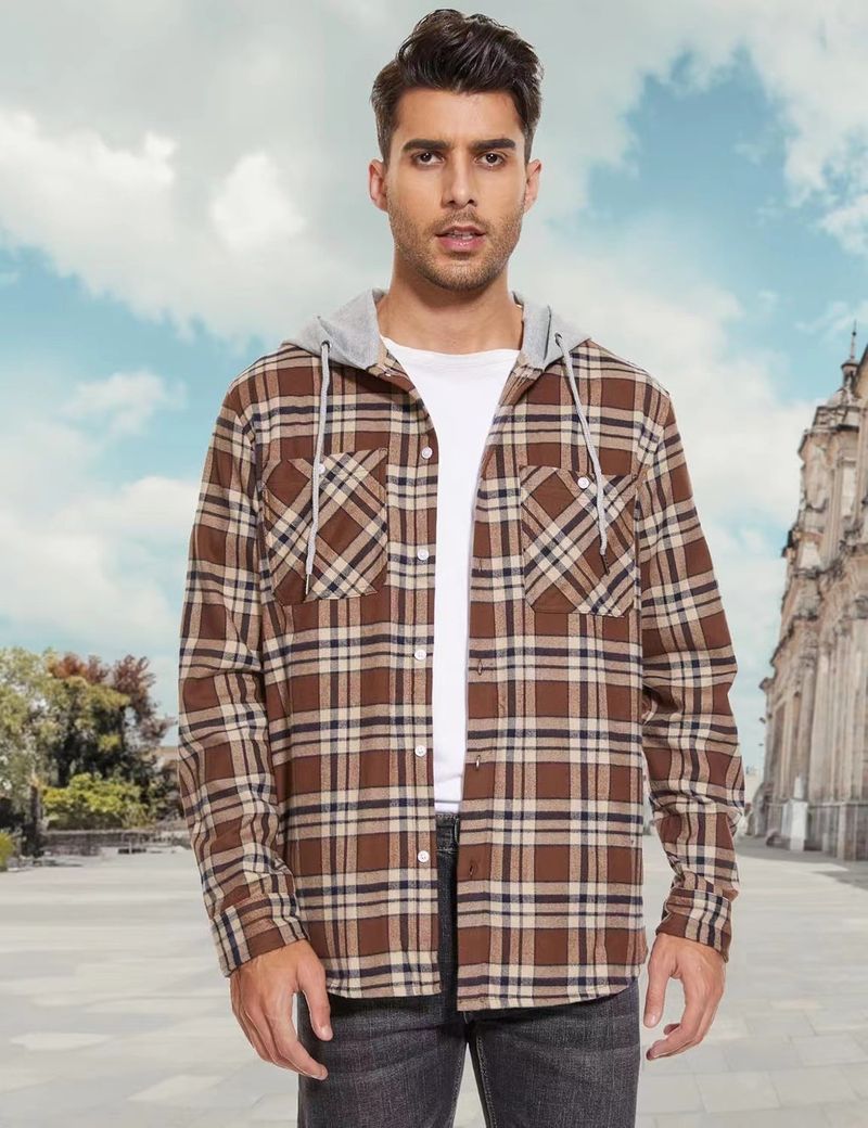 Herrenbekleidung Herbst und Winter Heißes Herren Flanellhemd Baumwolle Langärmliges Kariertes Hemd Lässiges Kapuzenhemd_voghion.com