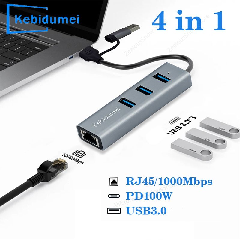 Type-C To Ethernet Adapter A C 4 In 1 Multiport Hub Gigabit RJ45 3 X USB 3.0 Ports Compatible With Book Pro PC_voghion.com