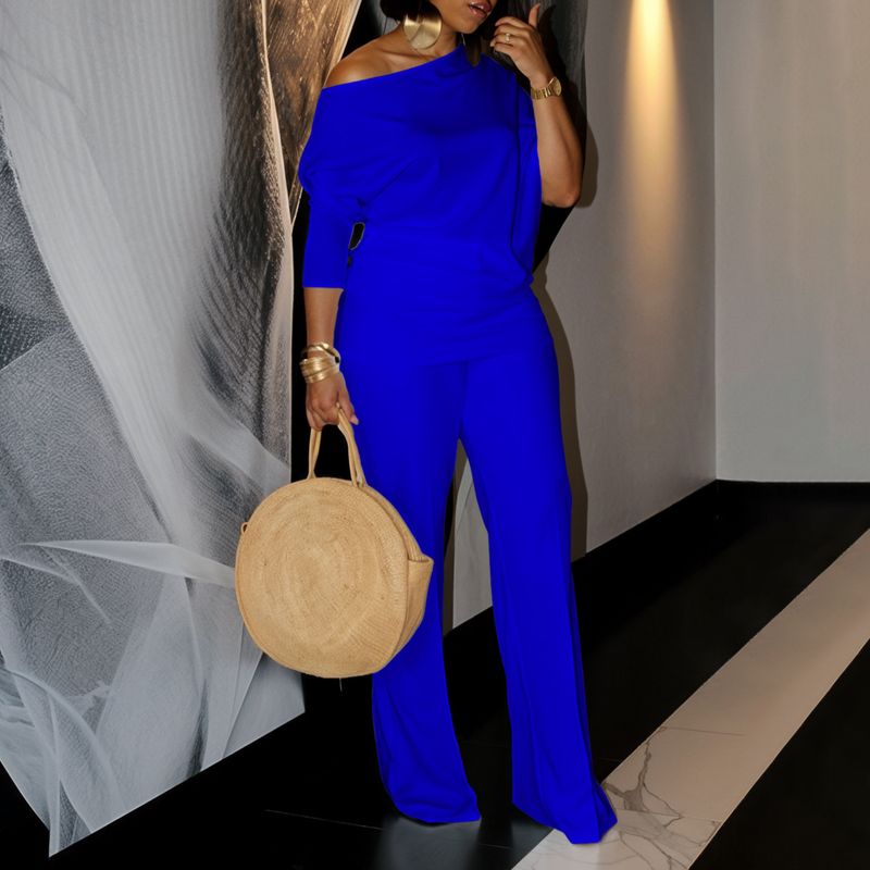 Abbigliamento da donna D3298 Tuta da donna in stile autunno tinta unita con scollo a V e gamba larga, taglia grande, africana_voghion.com