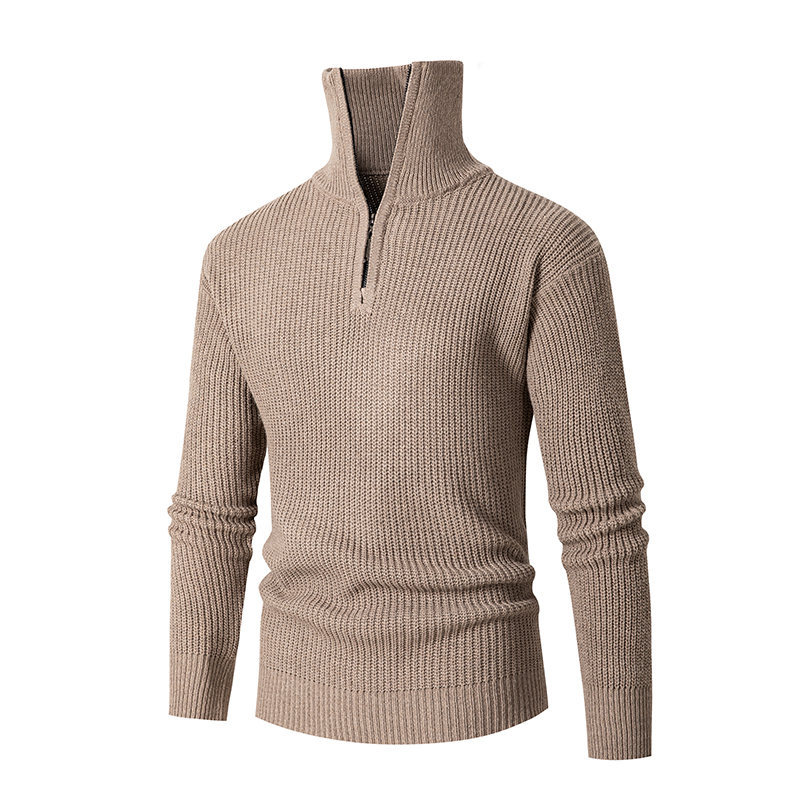 Autumn Winter Knitted With A Flip Collar And Half Zipper Knit Base, Solid Color Slim Fit Men's Sweater_voghion.com