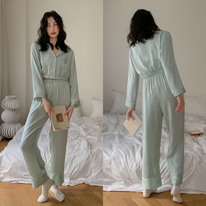 Pajamas Women's V-neck Exposed Navel, Long-sleeved Home Two-piece Set Of Satin Chiffon Thin Loungewear Can Be Worn Outside_voghion.com