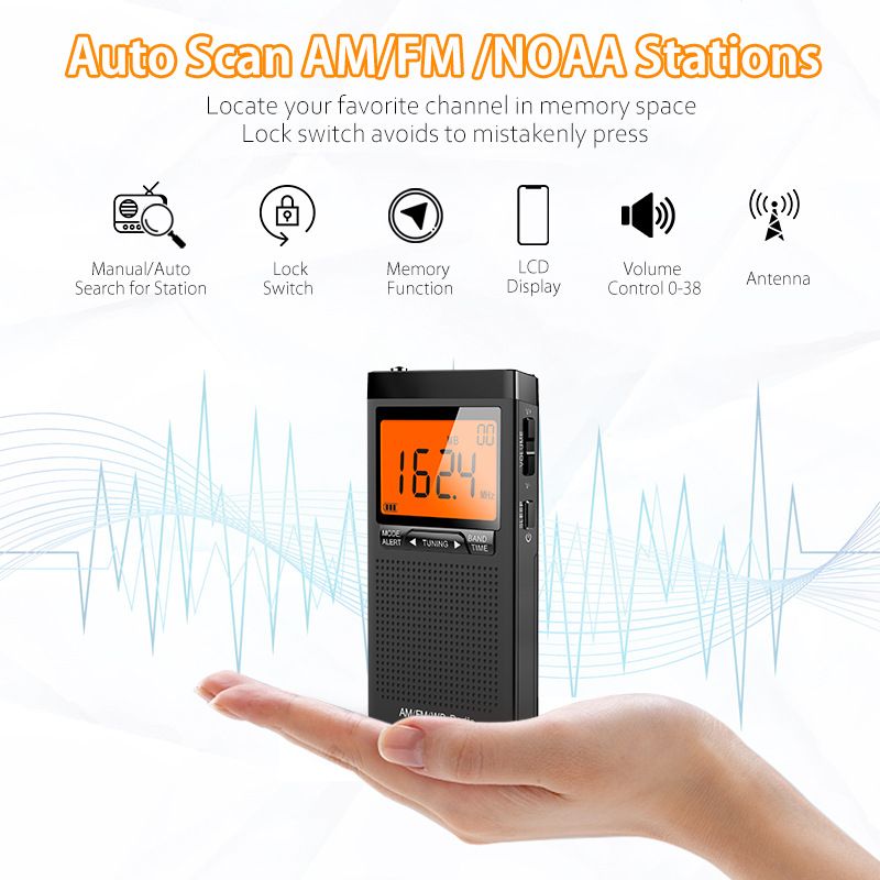 Mini rádio de bolso portátil AM FM NOAA Weather, excelente recepção, tela LCD grande, rádios-despertadores digitais_voghion.com