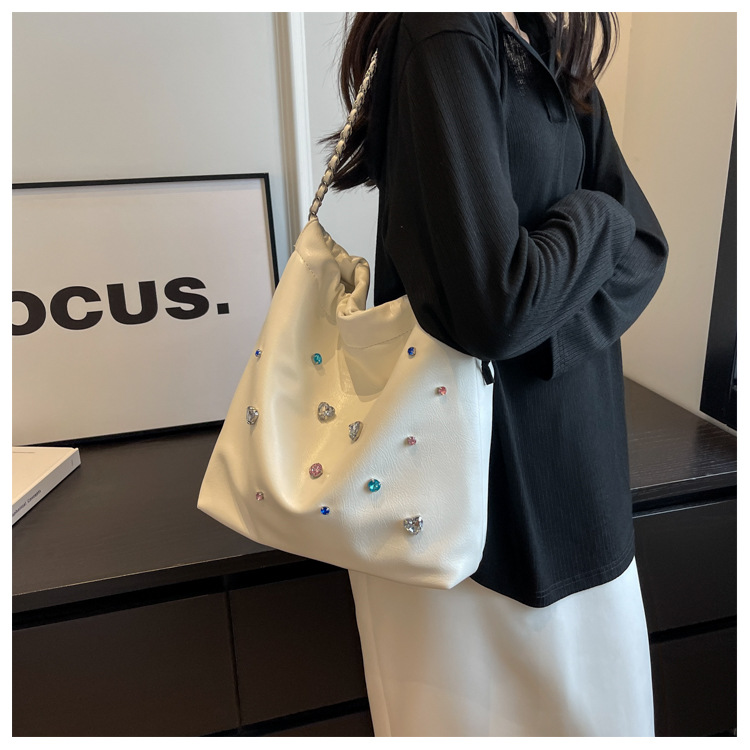 Bolso de basura con cadena para mujer, bolso de hombro sencillo que combina con todo, lleno de diamantes, bolso de mano de alta gama, 2023_voghion.com