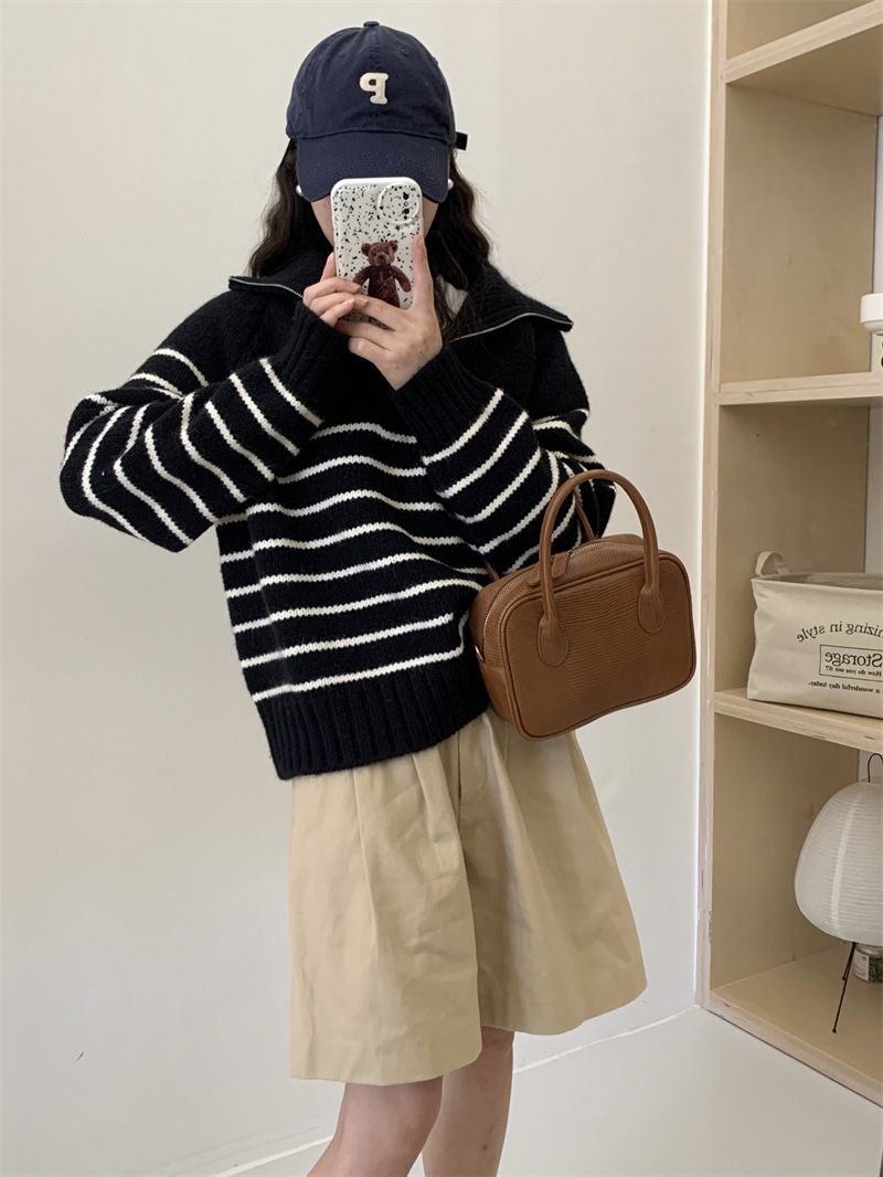 Gestreifter Strickpullover mit halbem Reißverschluss und Revers für Damen mit langen Ärmeln_voghion.com