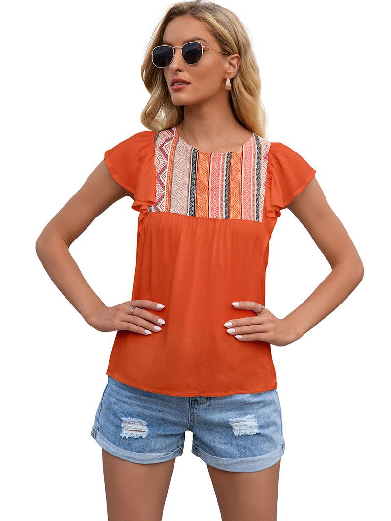 Dames top met ronde hals, losse ruches en korte mouwen_voghion.com