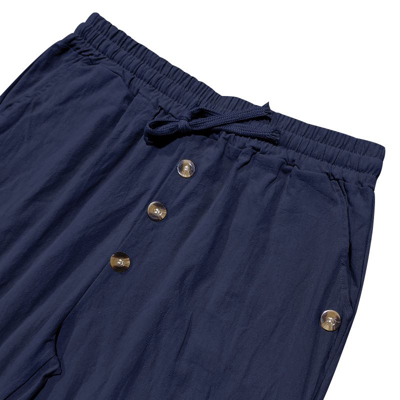 Spring And Autumn American Beach Solid Color Cotton Linen Loose Drawstring Button Casual Pants For Men_voghion.com