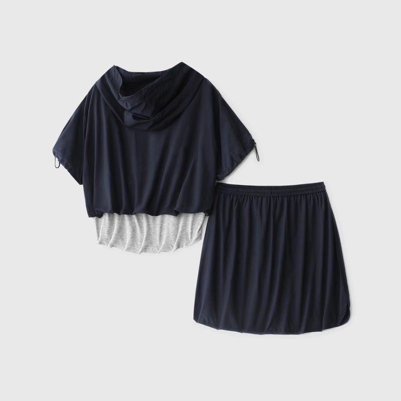 Audday Energetic Girl Summer New Hooded Drawstring Patchwork Top High Waist Shorts Casual Fashion Set_voghion.com