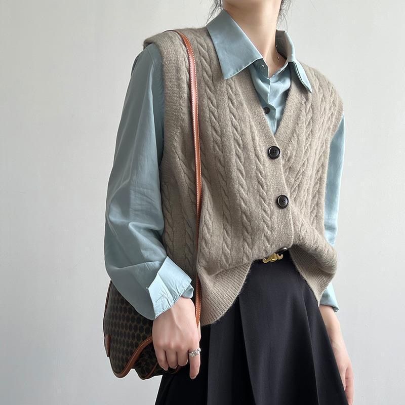 V-Ausschnitt Twist Gestrickte ärmellose Strickjacke Einfarbig Einfacher Windpullover Damenweste_voghion.com